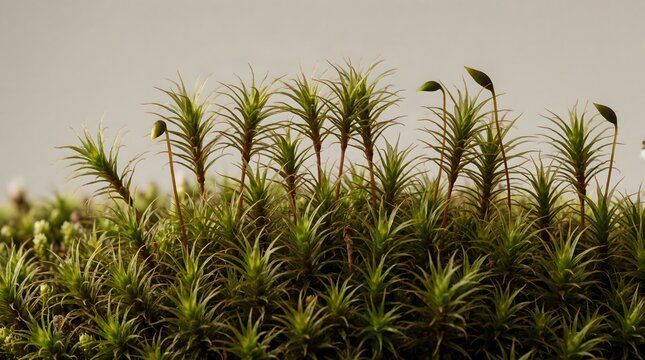 Moss Macro Texture with Delicate Green Sporophytes in Forest