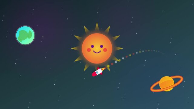 Cartoon Space Scene with Happy Sun Earth and Rocket Ship