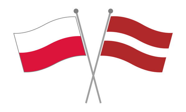 Crossed national flags of Poland and Latvia on flagpoles representing diplomatic relations, international partnership and geopolitical cooperation vector illustration