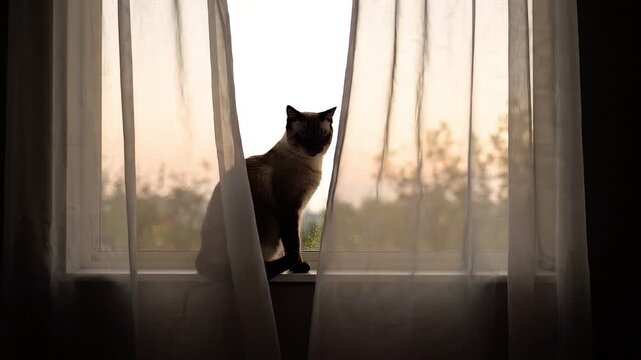 Siamese cat sitting on windowsill looking out window with sheer curtains gently blowing in breeze serene contemplative moment.