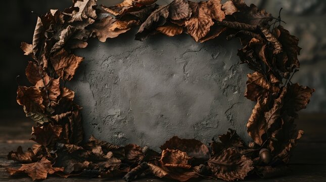 Rustic autumn leaf frame on textured stone