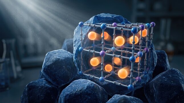 Sodium ions navigating the cubic lattice framework of prussian blue analog crystals, representing advanced cathode grid material for battery energy storage, microscopic electrochemical process.