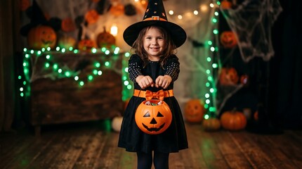 Naklejka premium Child in witch costume holds jack-o'-lantern during festive Halloween celebration with glowing lights.