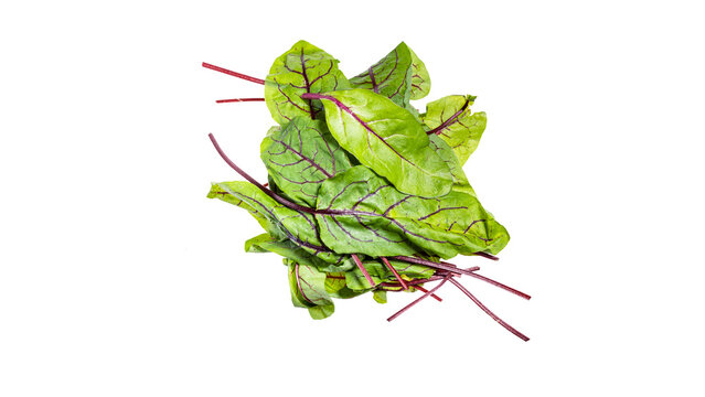 Overhead View of a Delicious and Healthy Heap of Red-Veined Leafy Greens, Perfect for Culinary Use, Isolated Against a Bright White Background