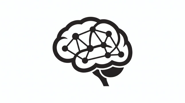 Modern black brain silhouette icon featuring interconnected line nodes, representing neural network computing, brain tech, smart data analysis, and cognitive AI systems.