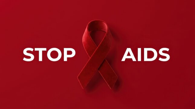 Red awareness ribbon with stop aids text on crimson backdrop for international health disease prevention campaign.