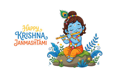 Fototapeta premium Cartoon Baby Krishna playing flute with peacock feather crown, colorful dhoti and garland, isolated on transparent background for greeting cards