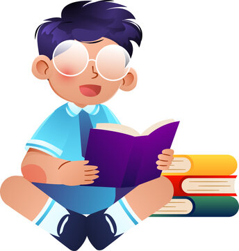 Student Boy with Glasses Reading a Book Sitting Next to a Stack of Books Illustration