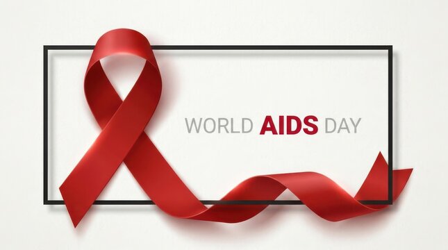 Red awareness ribbon within black rectangular frame and world aids day text on white paper background for event.