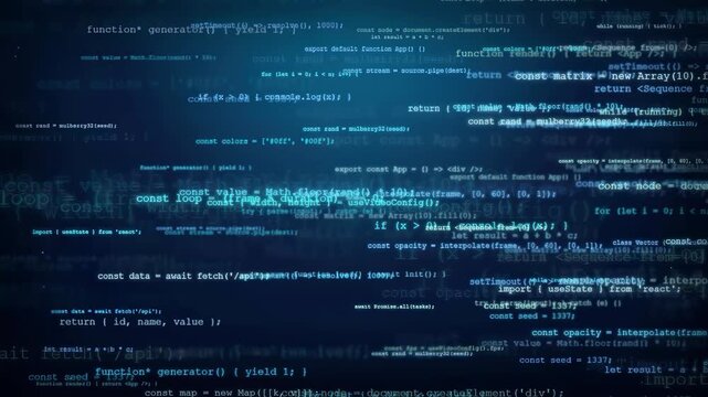 Digital blue computer code scrolling on screen representing software development and data processing