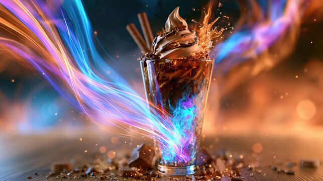 Magical Chocolate Dessert with Fiery Energy and Swirling Lights