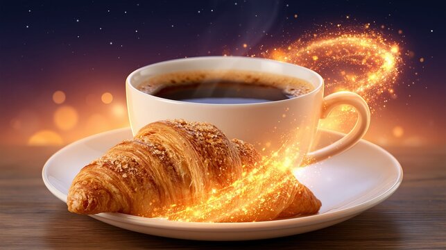 Magical Morning Coffee and Croissant with Sparkling Light Effects