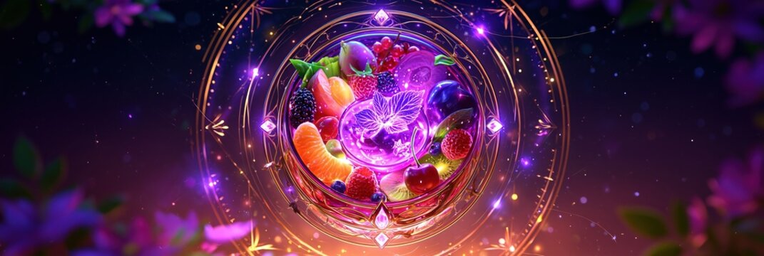 Magical Bowl of Assorted Fresh Fruits with Glowing Purple Energy and Ornate Golden Mandala Frame