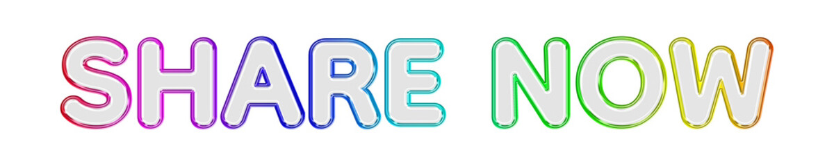 Share Now 3D Glass Typography with Multicolor Rainbow Metallic Border, Transparent Glossy Glass Text Effect, Vibrant Gradient Chrome Outline, Modern Luxury Social Media Sharing Text Element Isolated  © Soapbeer