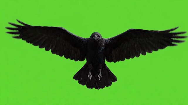Close up front view of black crow bird in flight with wide wings spread on green screen background dynamic motion during daytime with natural light detailed feathers.