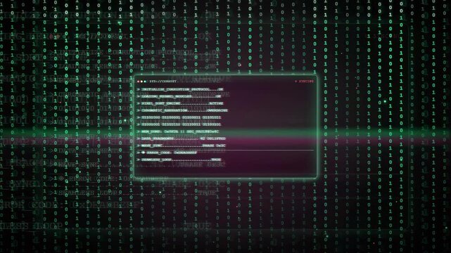 Digital data stream with binary code background and floating computer terminal window interface