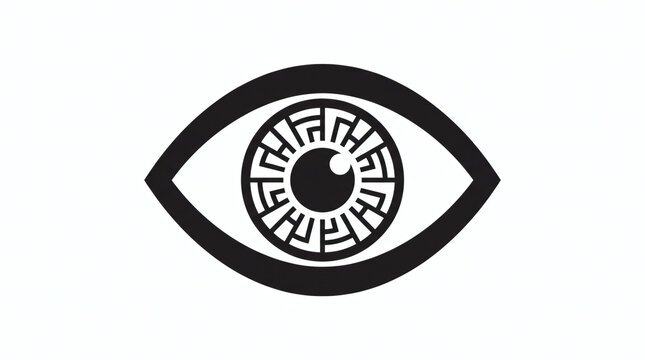 Minimalist black eye vector logo symbol featuring a complex labyrinth maze pupil pattern, representing vision, security, focus, surveillance, and strategy on a white background.