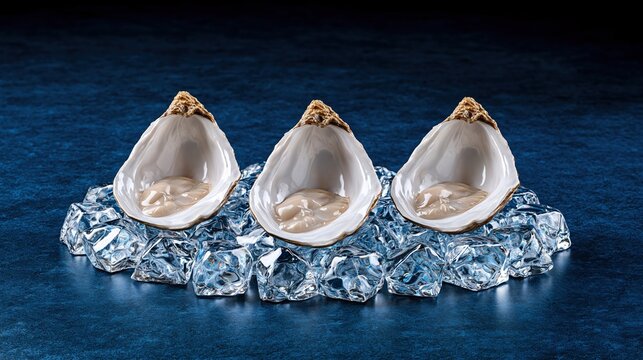 Three fresh oysters served on ice, presented in their shells against a dark blue background.
