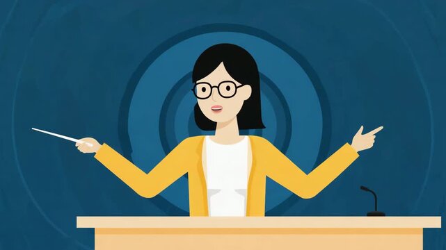 Cartoon Female Presenter Speaking at a Podium with Pointer for Education, Presentation and Public Speaking