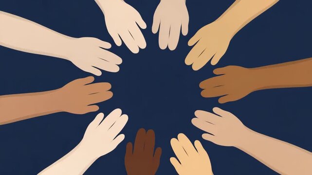 Diverse Human Hands Reaching Toward a Circle Representing Teamwork, Community, Cooperation and Inclusion
