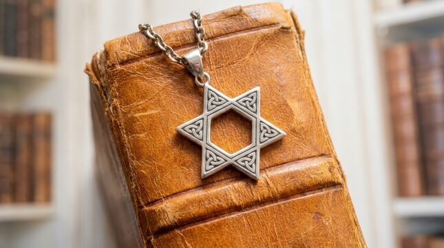 Star of David silver necklace charm with intricate celtic knotwork detail placed on worn rustic aged leather book.