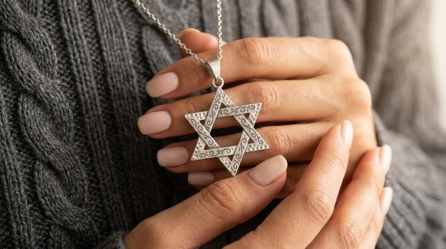Woman wearing gray wool sweater holding silver star of david pendant in hands for religious spiritual reflection.