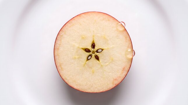Macro top view of a fresh red apple half cut crosswise revealing a perfect star-shaped core with seeds and water drops on a white plate. Minimalist healthy fruit concept