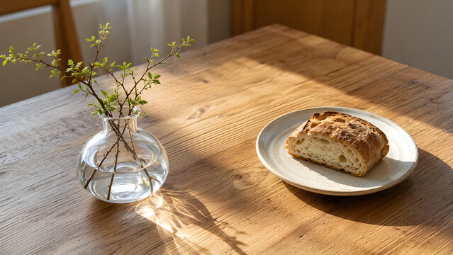 Cake slice with flower vase on sunlit wooden table by window