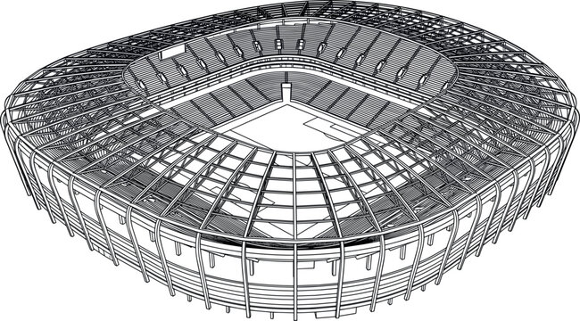 Sports Stadium Arena 3D Wireframe Blueprint Vector Illustration Showing High Angle View of Modern Football Football Pitch and Complex Architectural Grid Structure