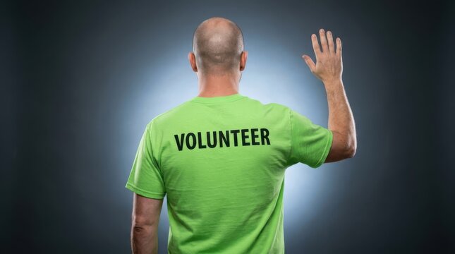 Man wearing green volunteer t-shirt waving hand for help and support in community service or event participation.