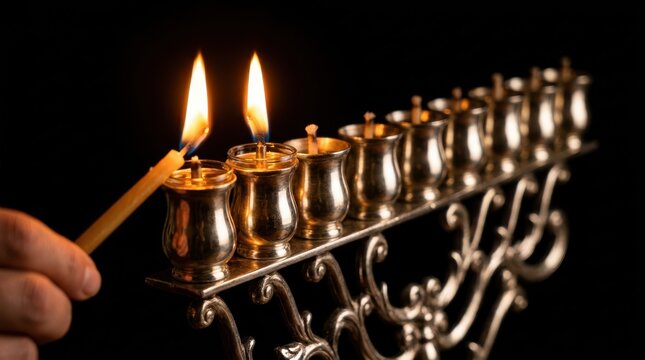 Hand lighting candle on a menorah during Hanukkah celebration with blurred background showing religious holiday tradition.