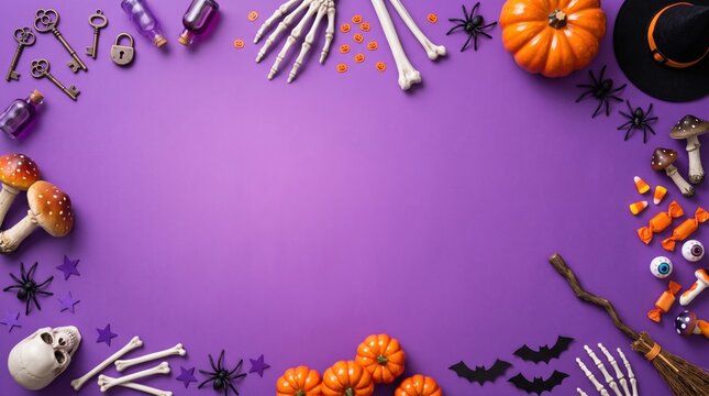 Spooky halloween decorations, pumpkins and bones, arranged in a flat lay, top-down view on a violet / purple background with copy space.