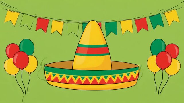 Colorful Cartoon Party Sombrero with Balloons and Bunting for Celebration, Fiesta and Festive Events