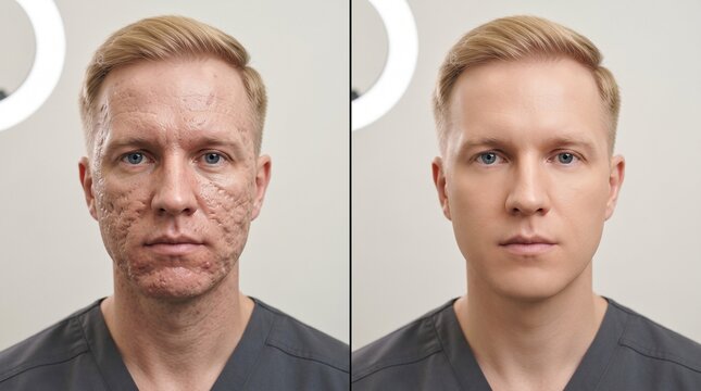 Caucasian male acne scar treatment before and after comparison dermatology portrait
