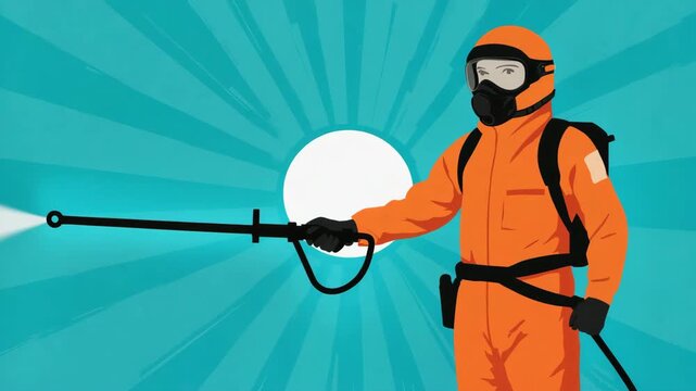 Cartoon Worker in Protective Gear Using a Long Tool for Industrial Safety, Construction and Hazardous Work
