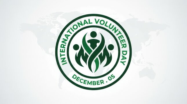 International volunteer day logo with map background and green figures representing people helping each other for good causes.