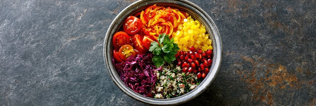 Vibrant Buddha Bowl with Quinoa, Vegetables, and Pomegranate Seeds on a Dark Slate Background