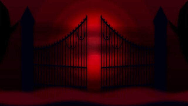 Spooky Iron Gates Opening Against A Dark Red Glowing Background