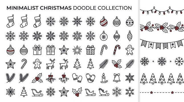Minimalist Christmas doodle collection features hand-drawn ornaments, stars, snowflakes, and holiday-themed.
