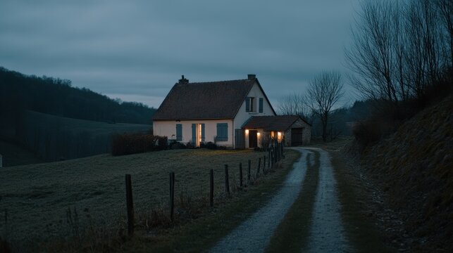 Remote Country House on Hillside at Dusk with Warm Light