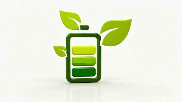 Green Battery with Leaves Representing Renewable Energy, Eco Technology, Sustainability and Environmental Conservation