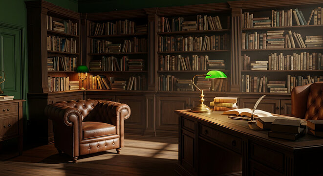 Dark academia style home library with leather armchair and wooden desk background full hd download 2025 2026