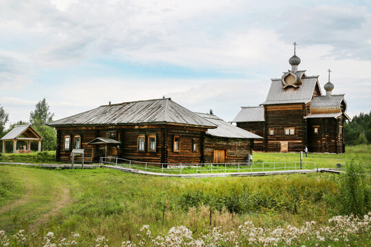 View of the Museum of Wooden Architecture on a clear sunny day, Khokhlovka, Perm Region. Sights of Russia, World tourism.