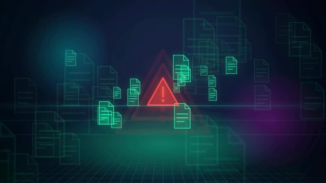 Abstract Digital Data Security Concept with Glowing Warning Triangle and Floating Document Icons
