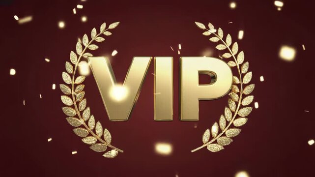 Gold VIP Text with Laurel Wreath and Sparkling Particles Representing Premium Membership, Exclusive Access and Luxury