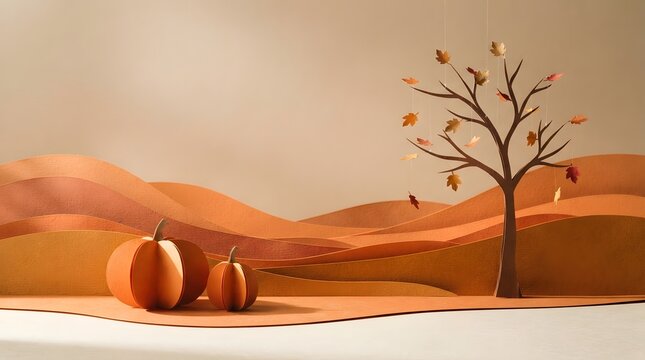 Paper craft landscape with pumpkins and a hanging leaf tree