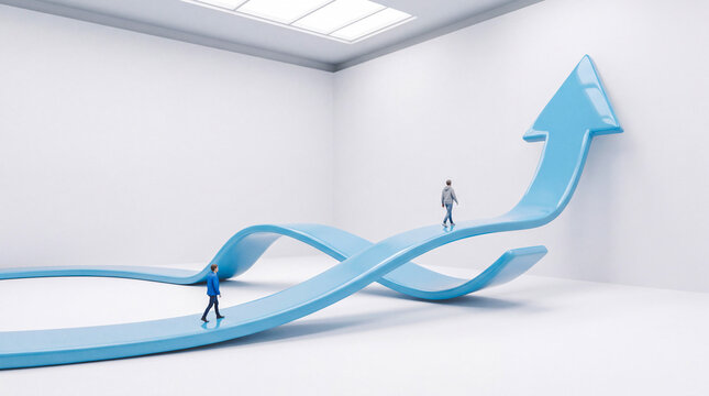 Tiny figures walk on a blue arrow symbolizing growth and progress