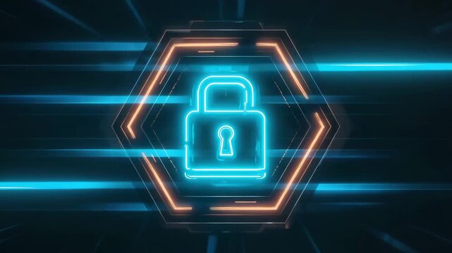 Neon Cybersecurity Lock with Digital Shield Concept for Data Protection and Online Security