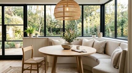 Fototapeta premium Cozy dining nook with round table and wicker pendant light, garden view