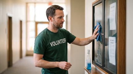 Fototapeta premium A man wearing a green volunteer t-shirt cleans a bulletin board in a hallway with a blue cloth and cleaning spray.